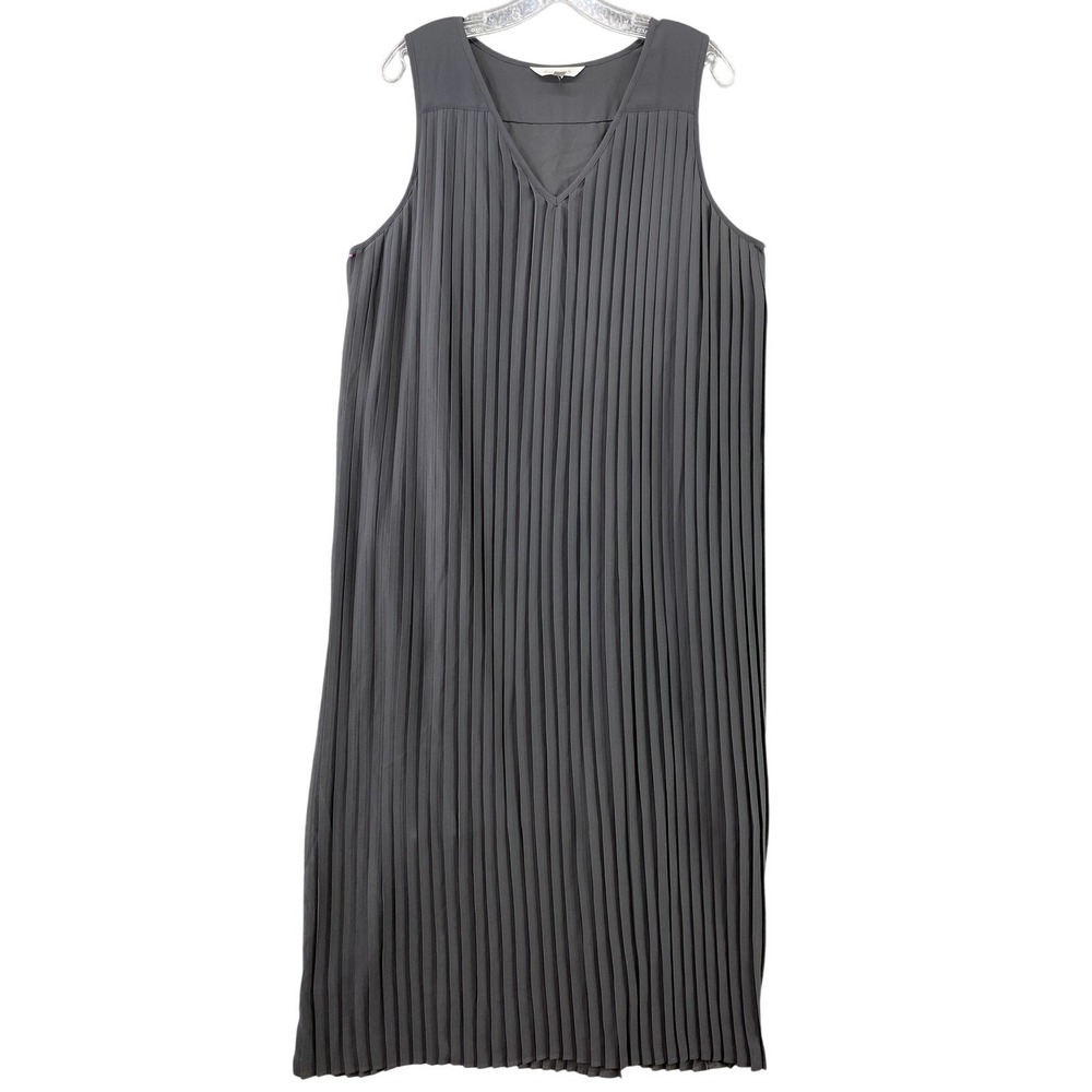 Garnet Hill Dress Womens Large Gray Pleated Chiffon Sleeveless V Neck Midi Shift